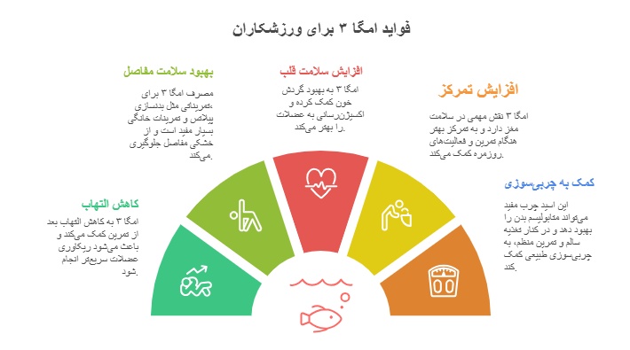 تصویر اینفوگرافیک توضیح فواید امگا3 در بهترین ویتامین ها برای ورزشکاران